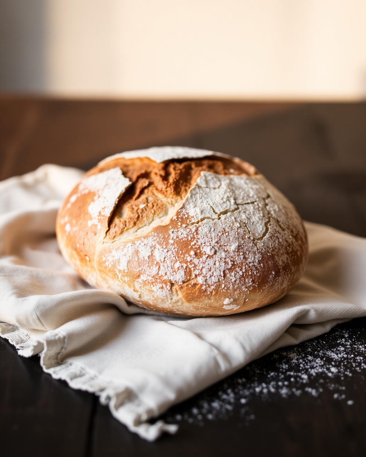 A golden-brown sourdough boule dusted with flour on a rustic linen cloth