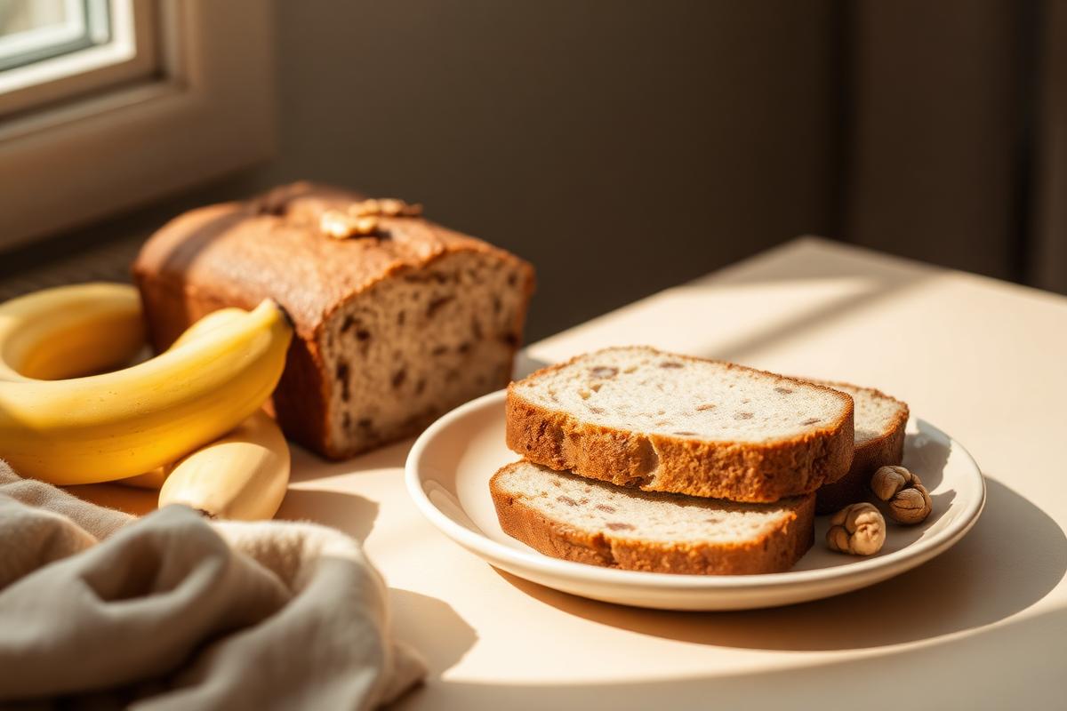 Sliced sourdough banana bread on a cream plate with ripe bananas