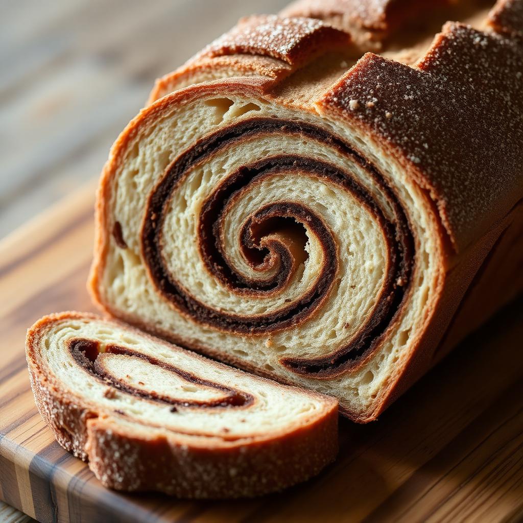 A sliced cinnamon swirl sourdough loaf showing the spiral