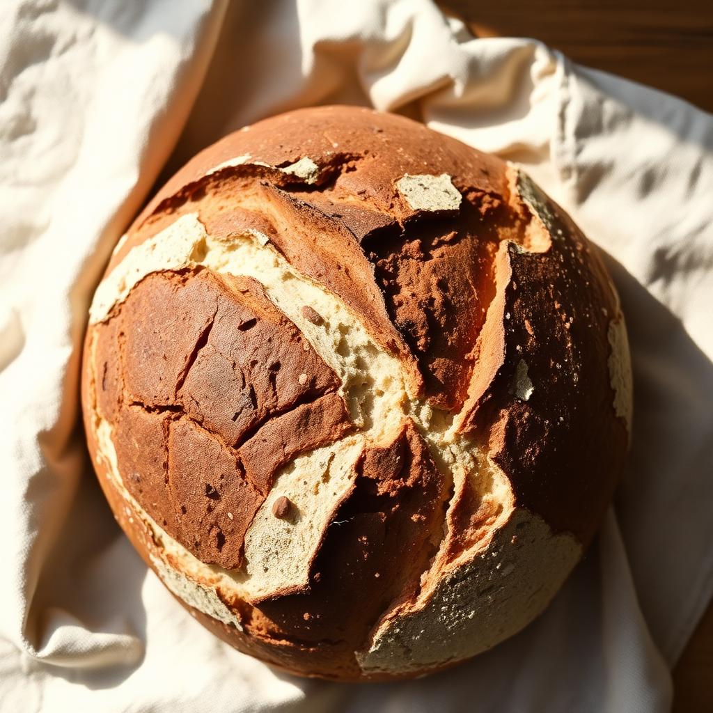 A rustic country loaf with a deep golden crust on a linen cloth