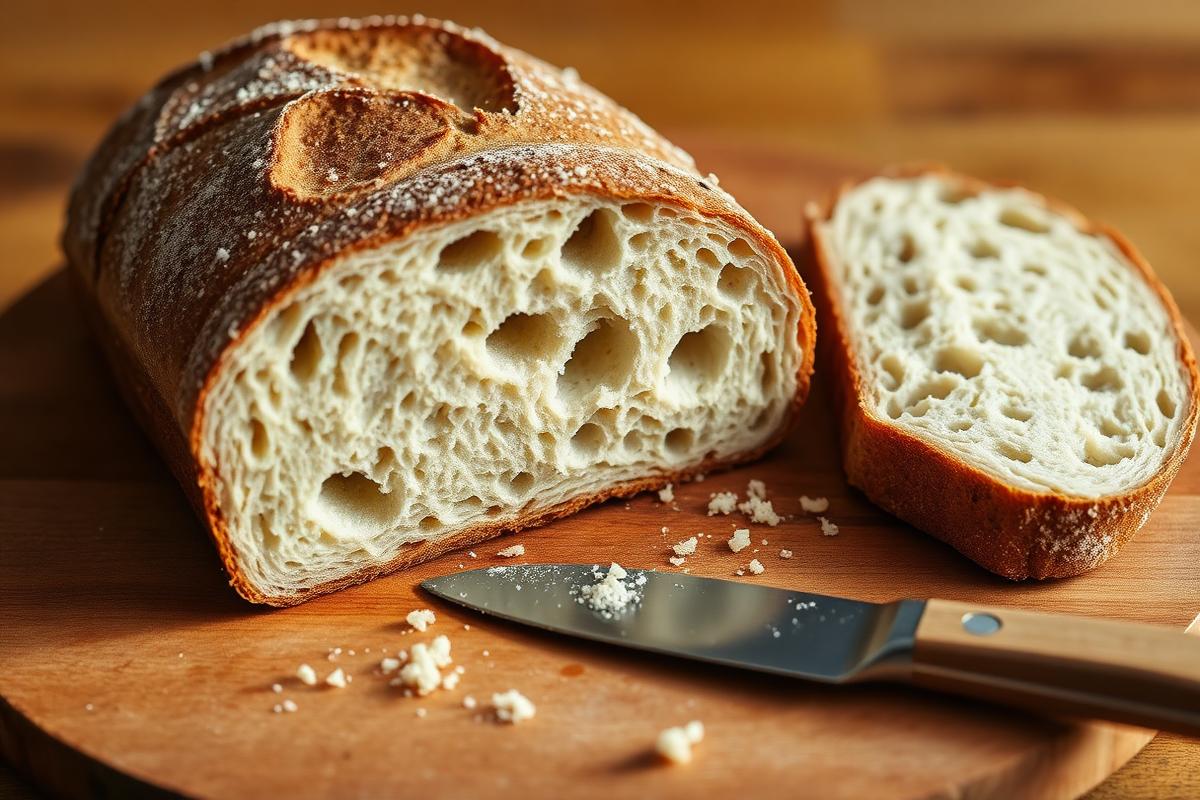 Sliced sourdough bread showing an open airy crumb on a wooden board