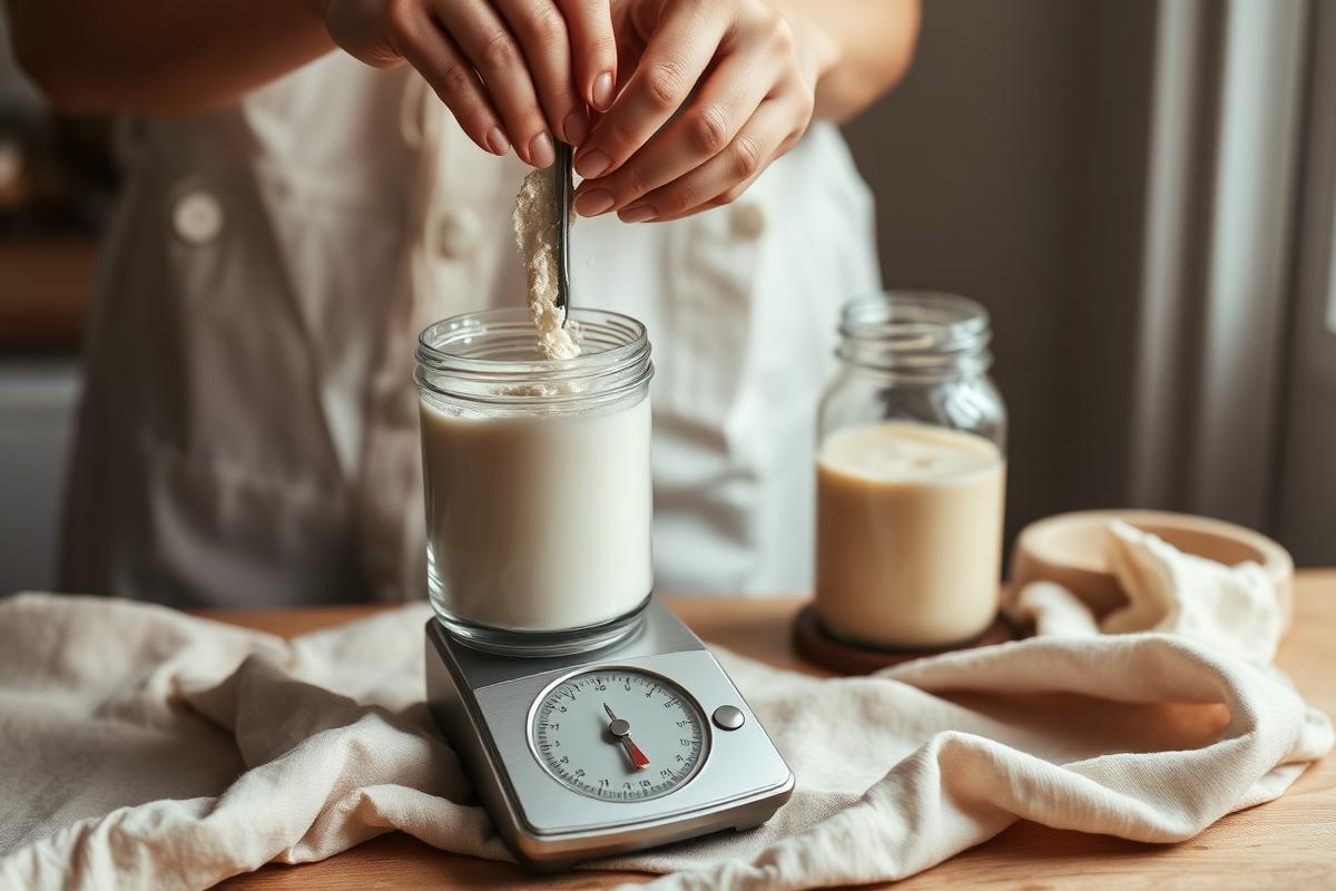 Hands feeding a sourdough starter with flour beside a kitchen scale