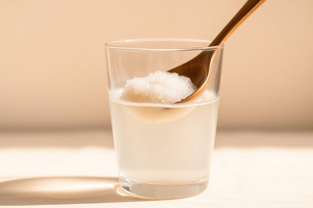 A spoonful of bubbly sourdough starter floating in a glass of water