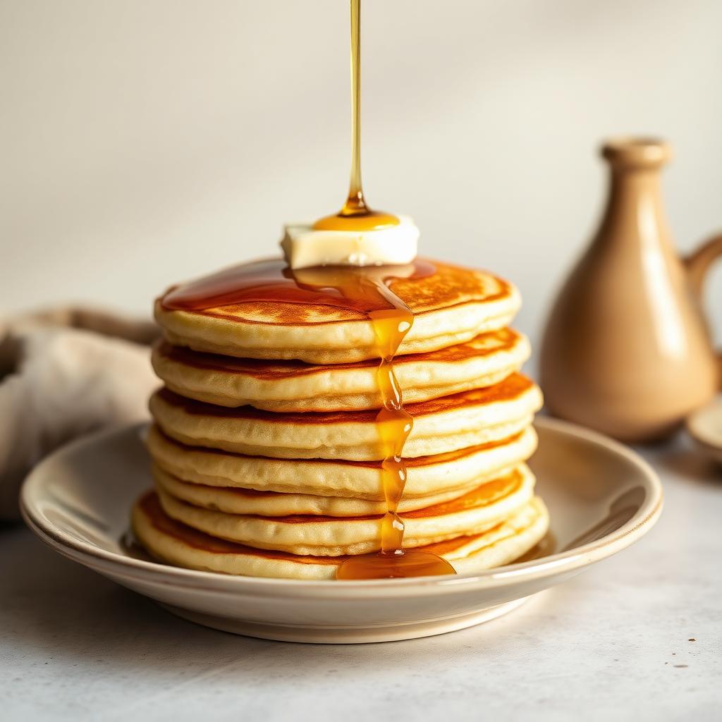A stack of golden sourdough pancakes with butter and syrup
