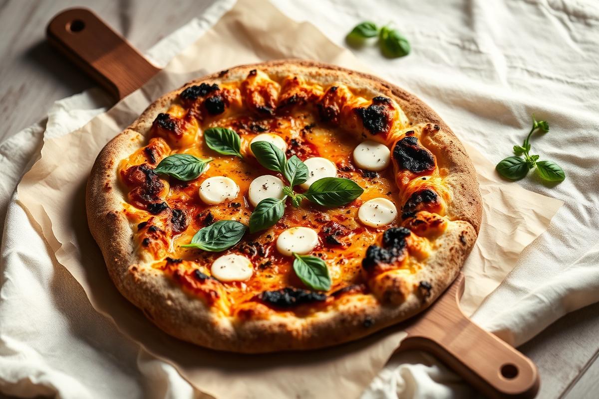 A blistered sourdough pizza with basil and mozzarella on a wooden peel