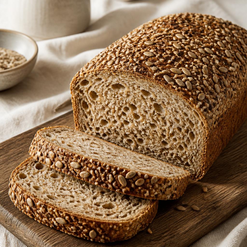 A seeded whole wheat pan loaf sliced open on a wooden board