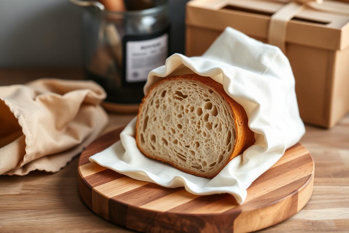 A half loaf of sourdough stored cut-side down in a linen bread bag