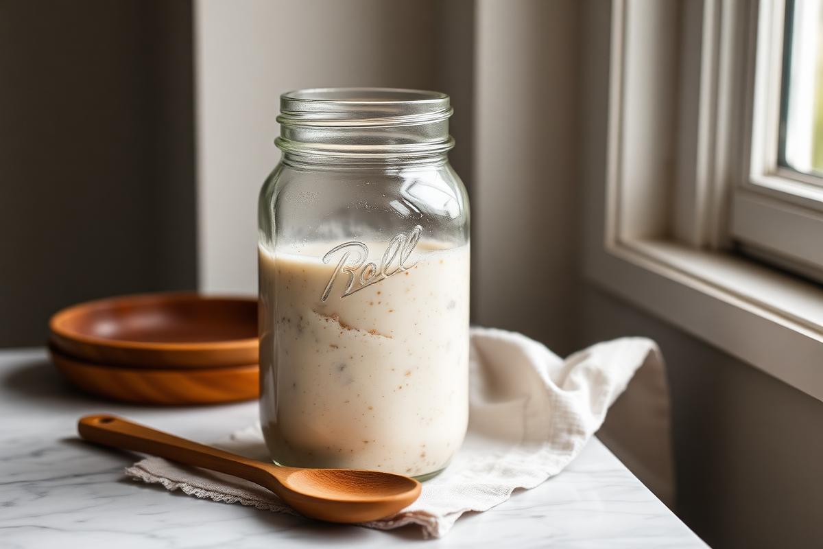 A glass jar of active bubbling sourdough starter beside a wooden spoon